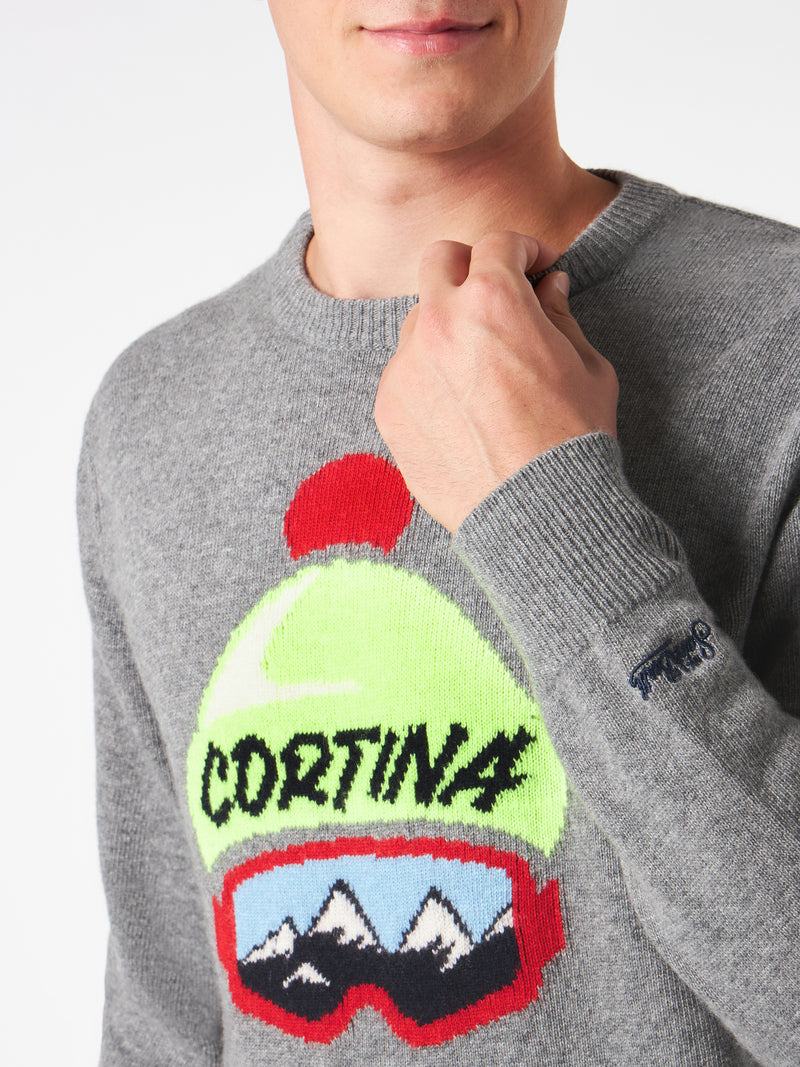 Man crewneck sweater with Cortina hat jacquard print