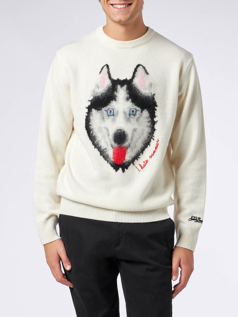 Man sweater with wolf print and I hate summer embroidery