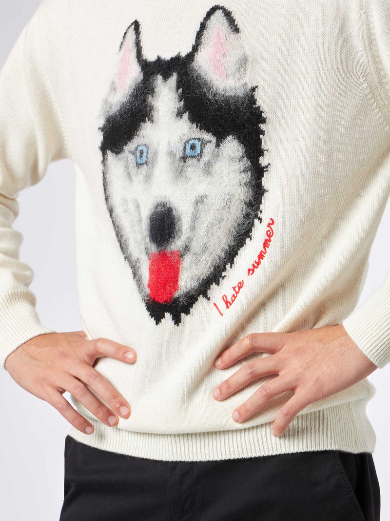 Man sweater with wolf print and I hate summer embroidery