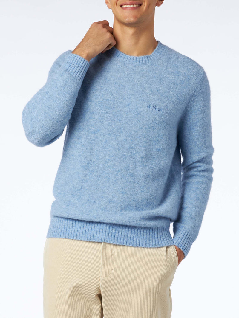 Man light blue stretch wool sweater with St. Barth embroidery