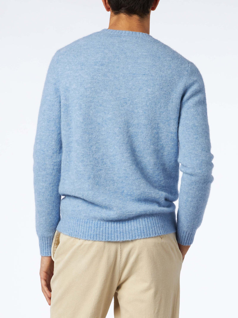 Man light blue stretch wool sweater with St. Barth embroidery