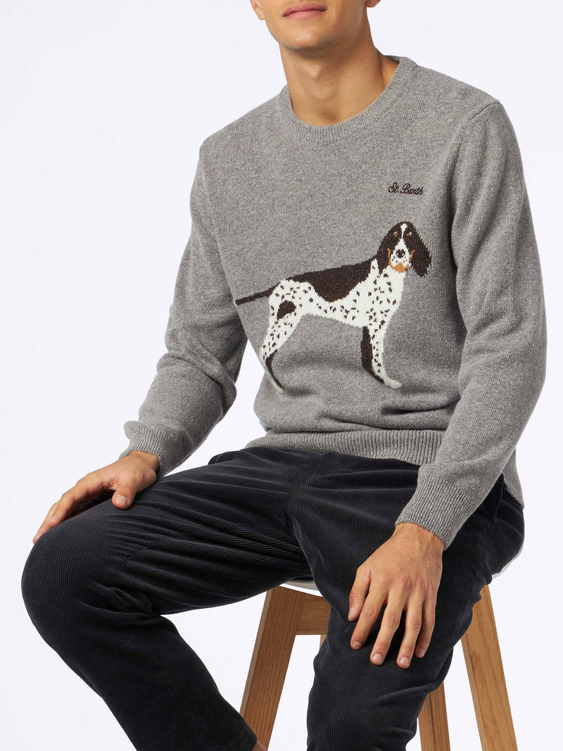 Man crewneck donegal sweater with country dog jacquard