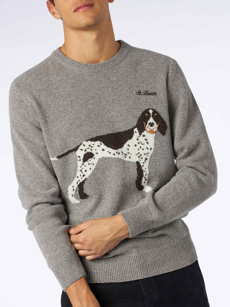 Donegal-Pullover für Herren mit Rundhalsausschnitt und Jacquard-Aufdruck mit Landhund