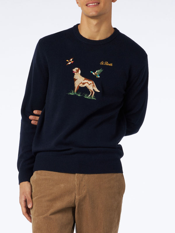 Man crewneck donegal sweater with English pointer jacquard print