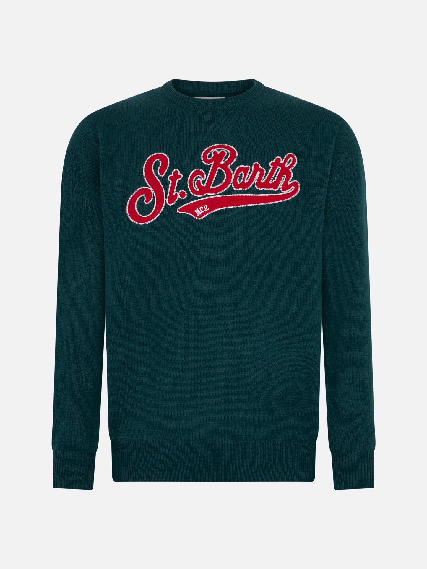 Maglione da uomo girocollo verde con ricamo St. Barth