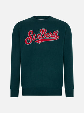 Maglione da uomo girocollo verde con ricamo St. Barth