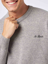 Maglione da uomo girocollo grigio melange con ricamo St. Barth