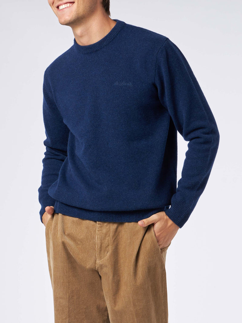 Man crewneck blue sweater with St. Barth embroidery