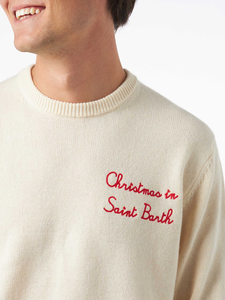 Maglione da uomo girocollo con ricamo Christmas in Saint Barth