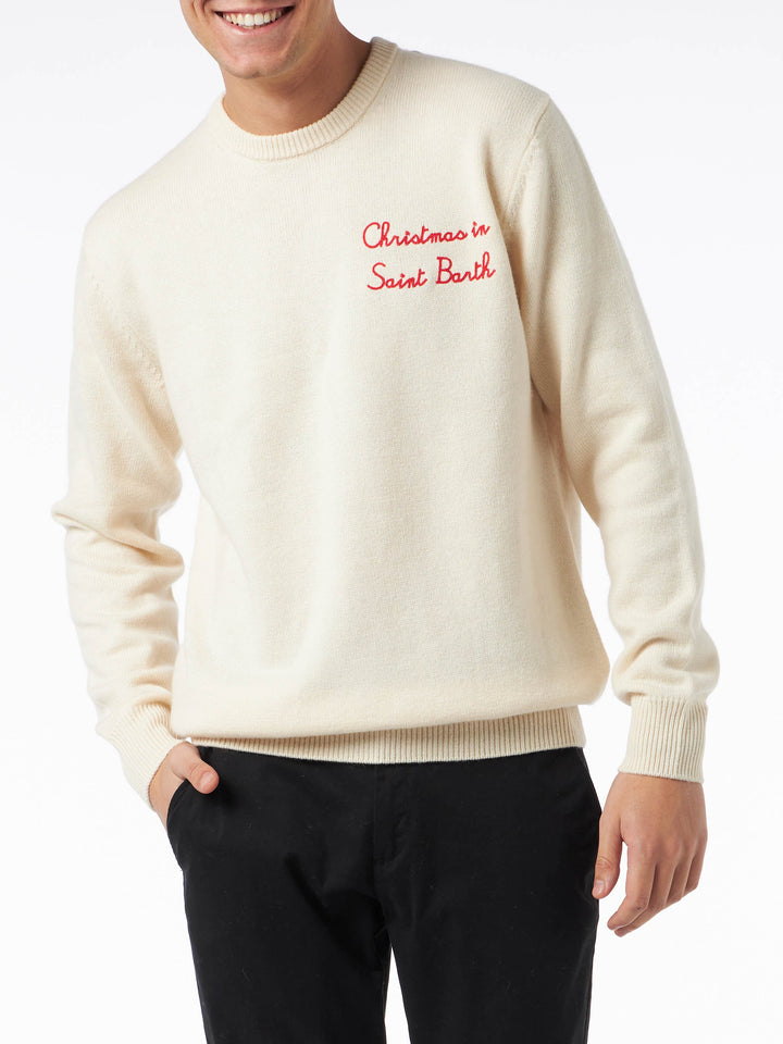 Maglione da uomo girocollo con ricamo Christmas in Saint Barth