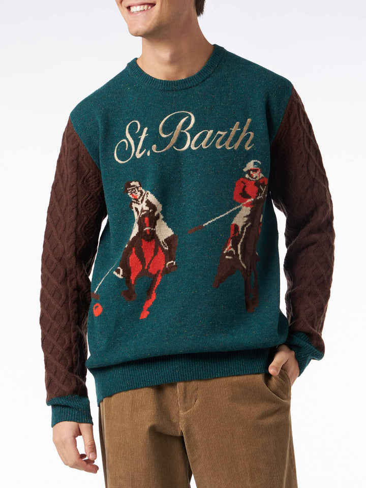 Maglione da uomo girocollo in donegal con stampa polo jacquard