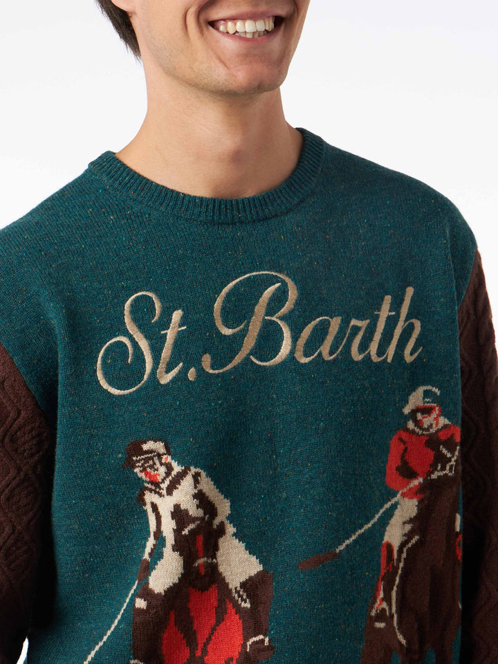 Maglione da uomo girocollo in donegal con stampa polo jacquard