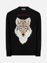 Man sweater with wolf print and Wolf of St.Moritz embroidery