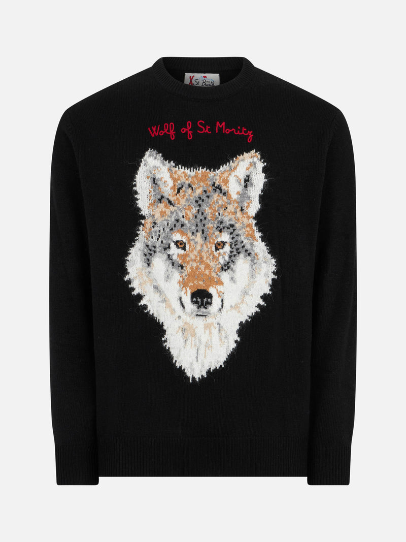 Man sweater with wolf print and Wolf of St.Moritz embroidery