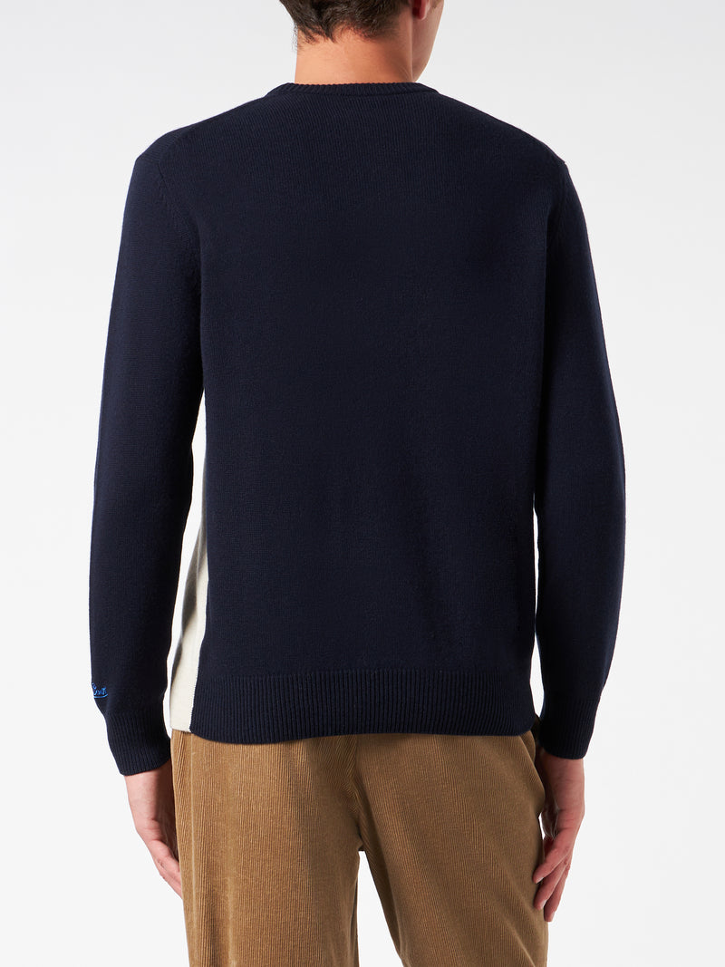 Man crewneck sweater with Cortina postcard jacquard print