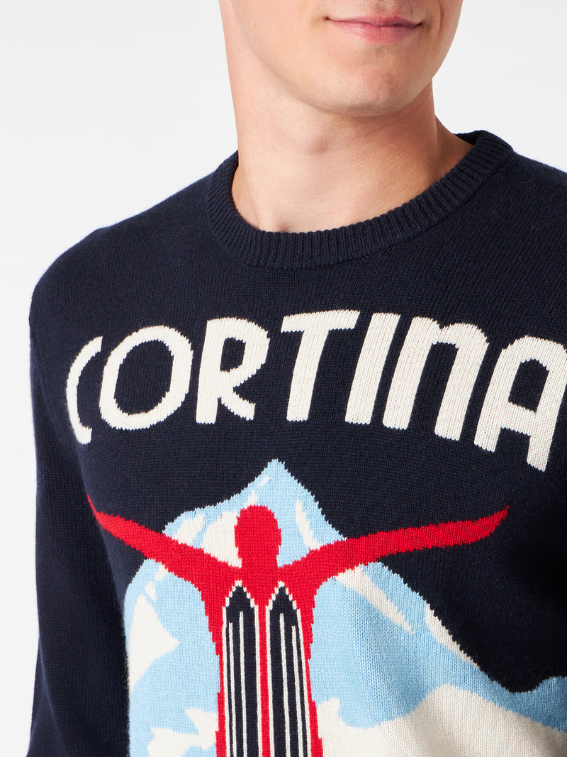 Man crewneck sweater with Cortina postcard jacquard print