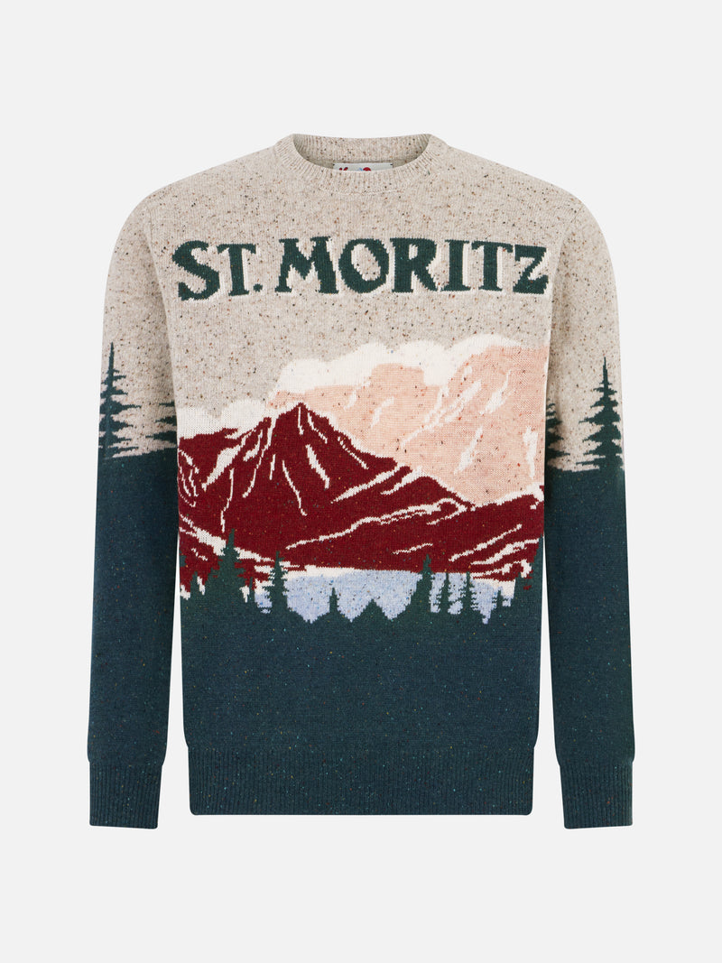 Herren-Donegal-Pullover mit Rundhalsausschnitt und St. Moritz-Postkarten-Jacquard-Print