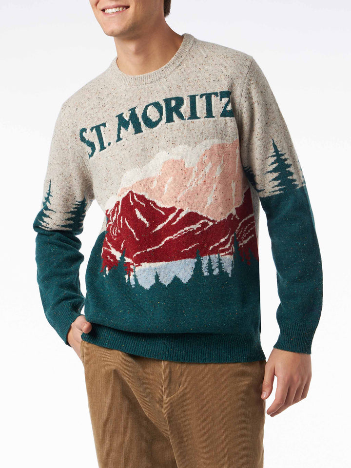 Man crewneck donegal sweater with St. Moritz postcard jacquard