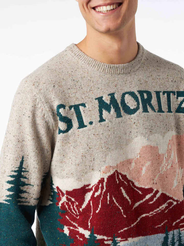 Man crewneck donegal sweater with St. Moritz postcard jacquard