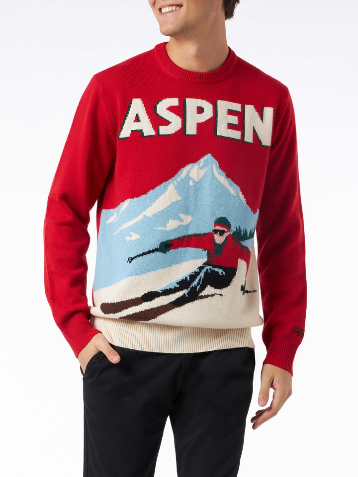 Man crewneck sweater with Aspen postcard jacquard