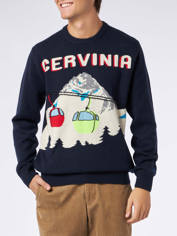 Man crewneck sweater with Cervinia postcard jacquard print