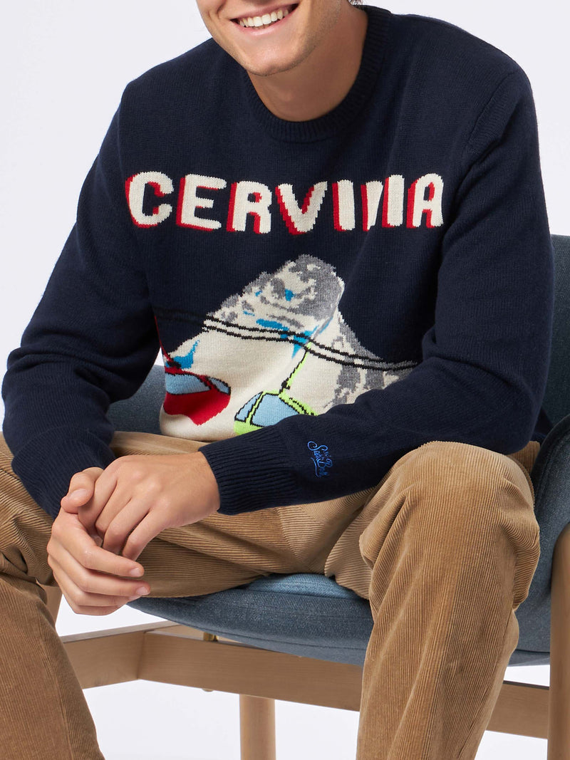 Man crewneck sweater with Cervinia postcard jacquard print