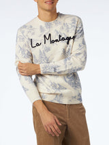 Man crewneck toile de jouy sweater with La Montagne embroidery