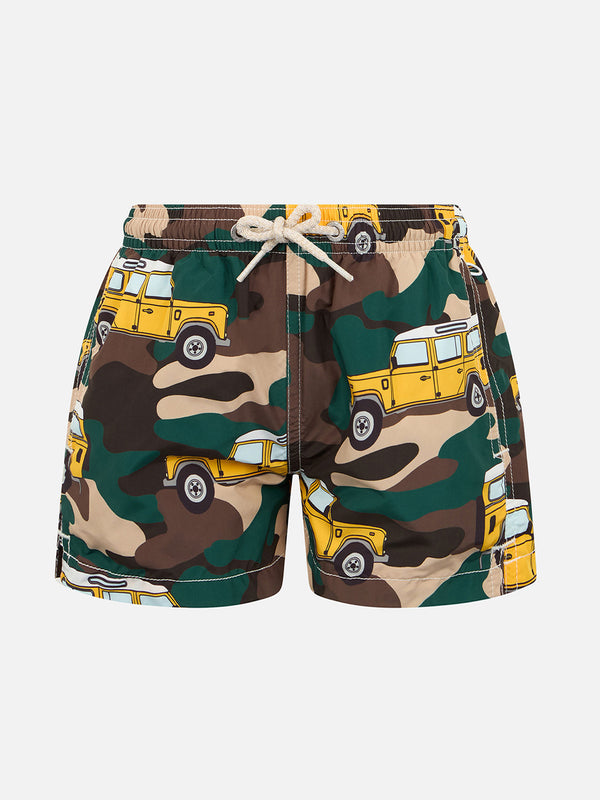 Boy lightweight fabric swim-shorts Jean Lighting with off-road car print