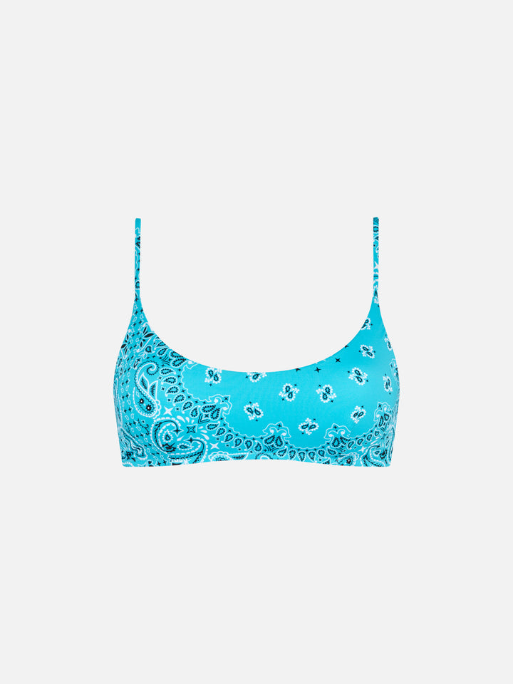 Damen-Bralette-Badeanzug mit hellblauem Bandana-Print