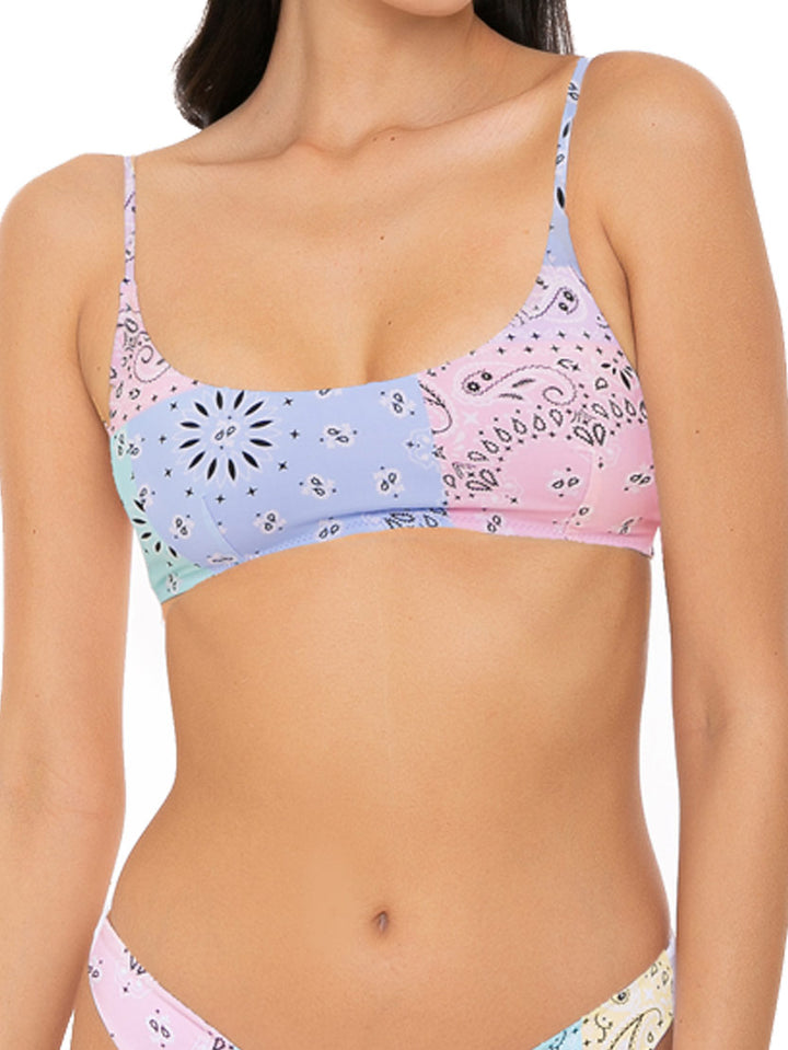 Woman black bralette swimsuit with bandanna pattern