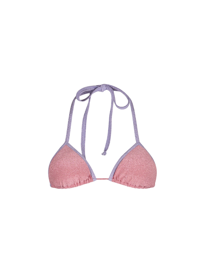 Woman pink lurex triangle top swimsuit Leah with piping