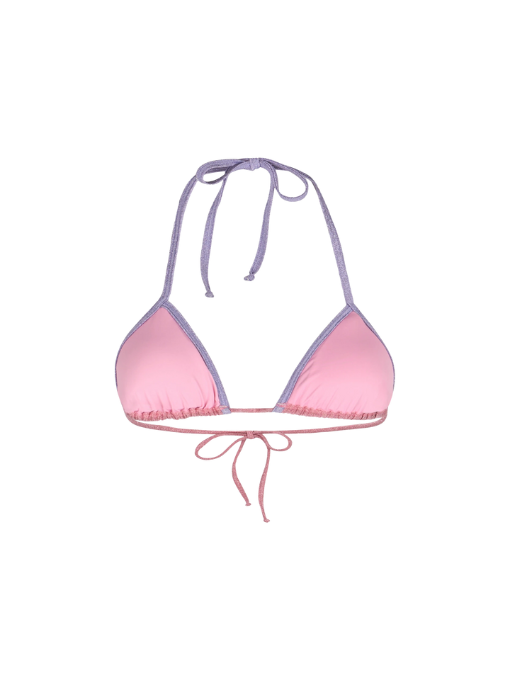 Woman pink lurex triangle top swimsuit Leah with piping