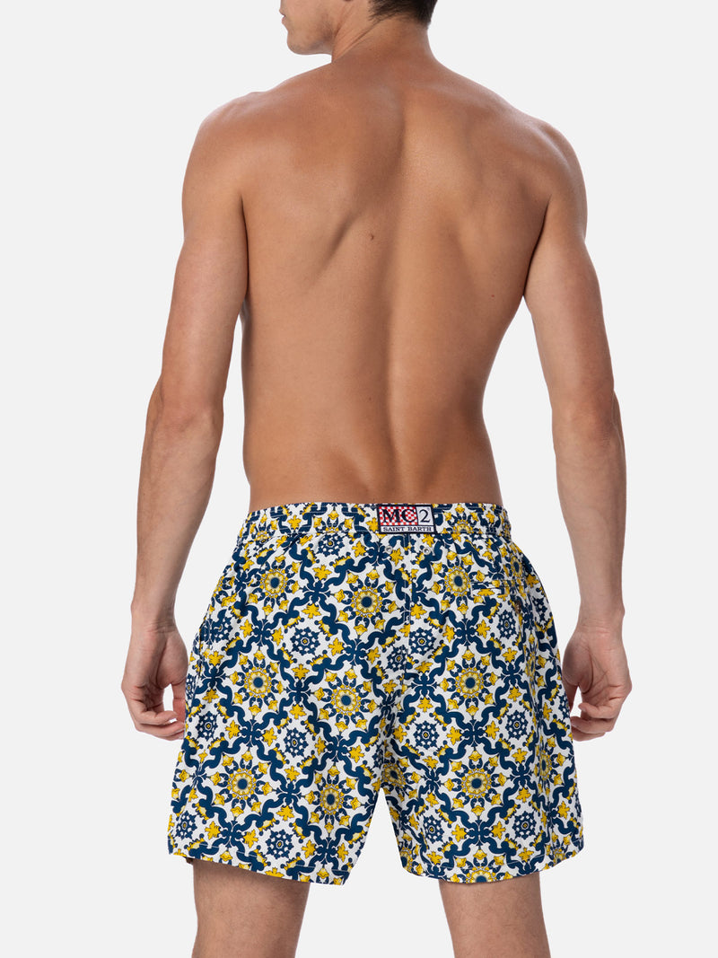 Man lightweight fabric swim-shorts Lighting 70 with majolica print