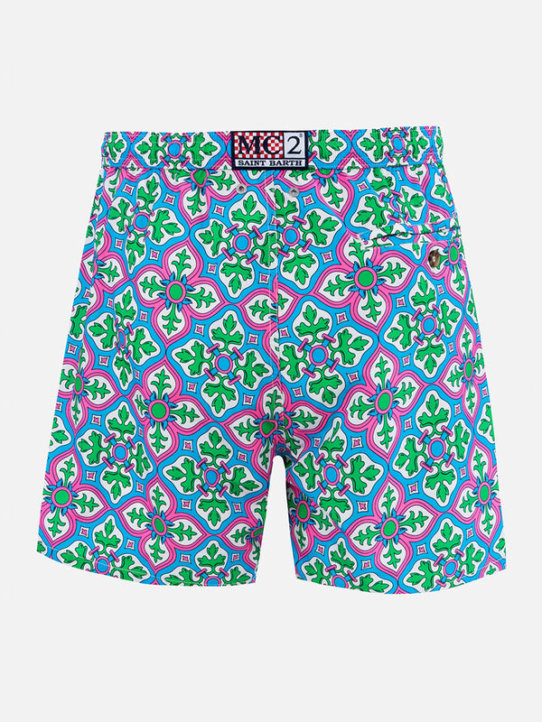 Man lightweight fabric swim-shorts Lighting 70 with majolica print