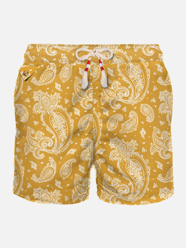 Man light fabric swim shorts with ochre paisley print