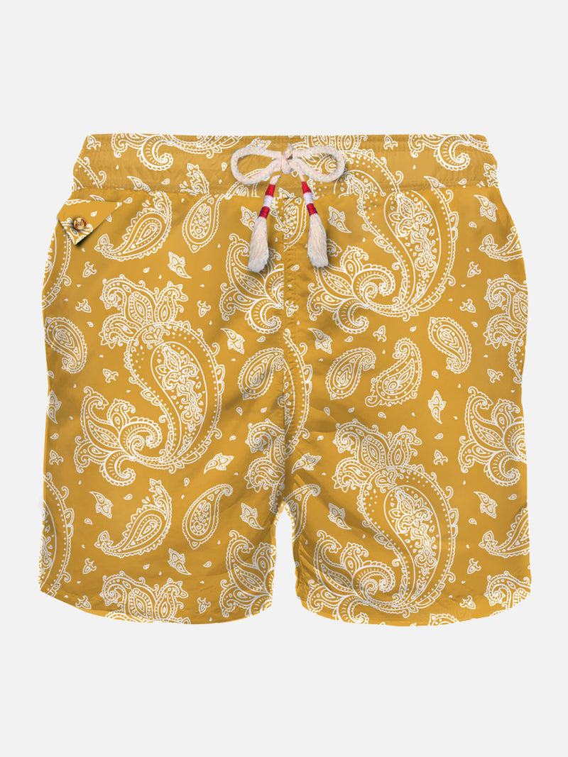 Man light fabric swim shorts with ochre paisley print