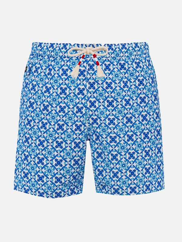 Man lightweight fabric swim-shorts Lighting 70 with majolica print