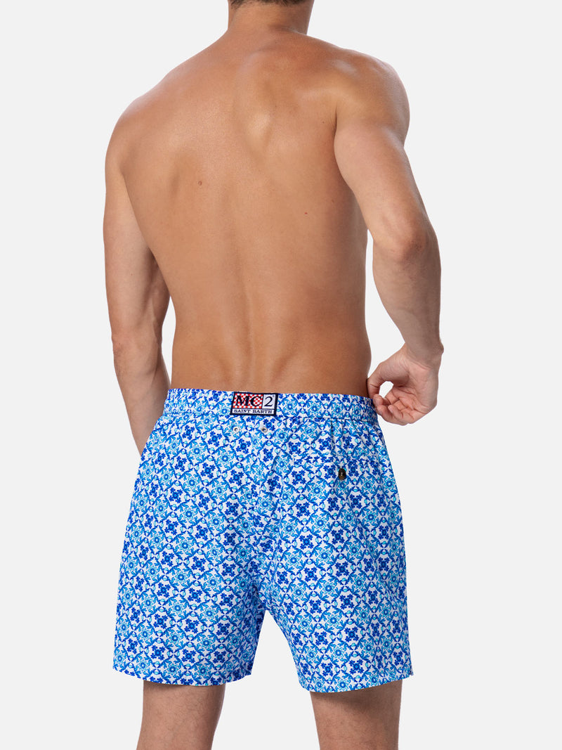 Man lightweight fabric swim-shorts Lighting 70 with majolica print