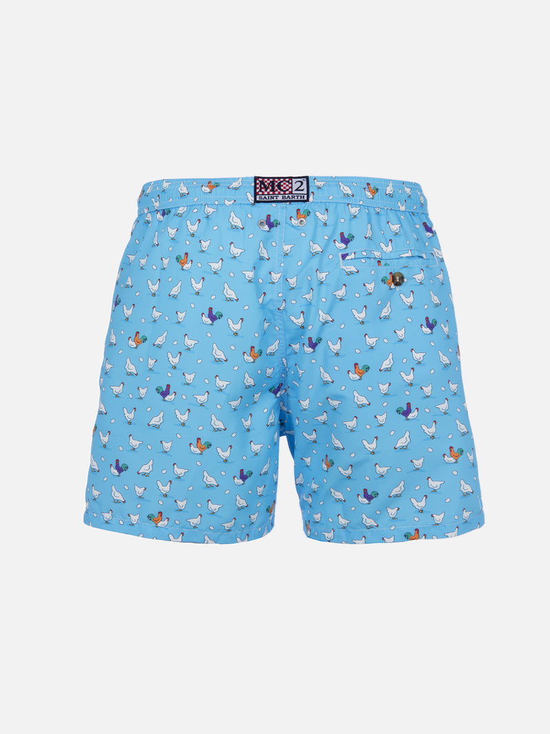 Man lightweight fabric swim-shorts Lighting Micro Fantasy with rooster print