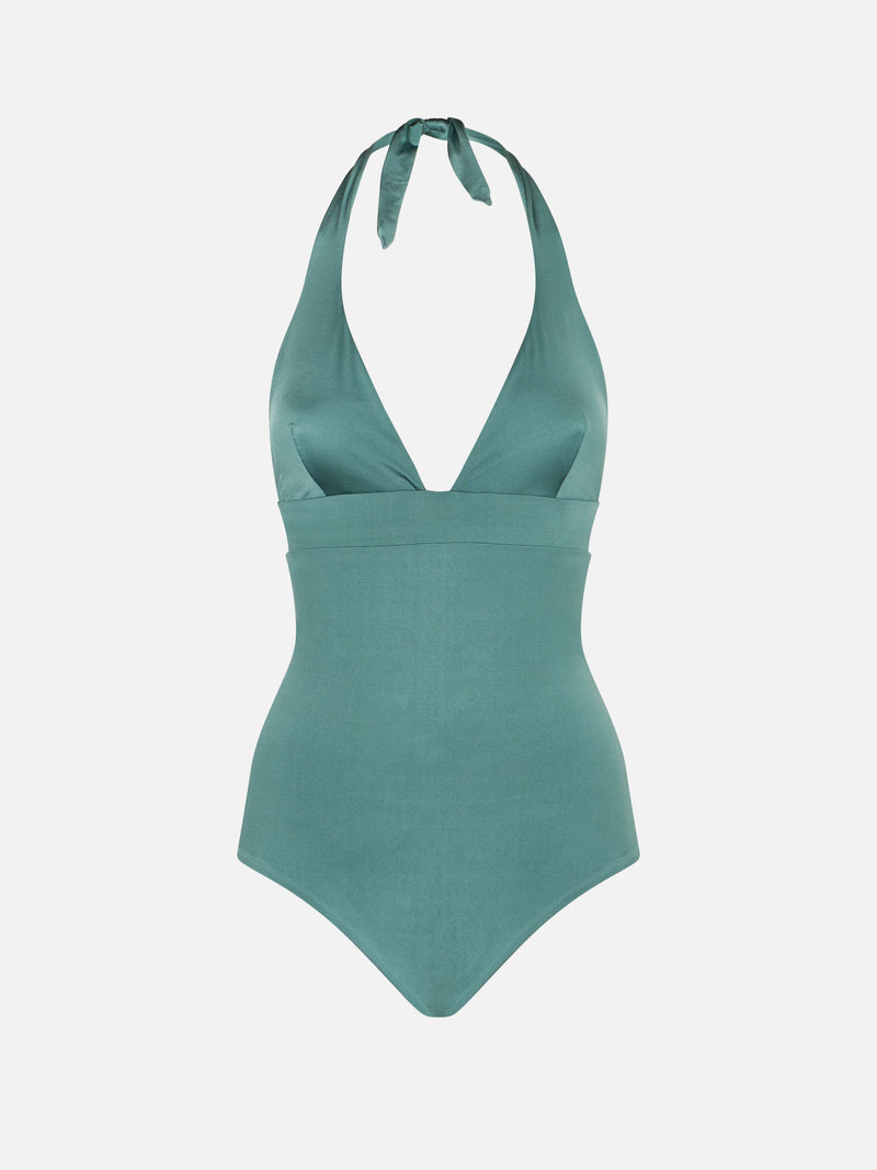 Woman sage green one piece swimsuit