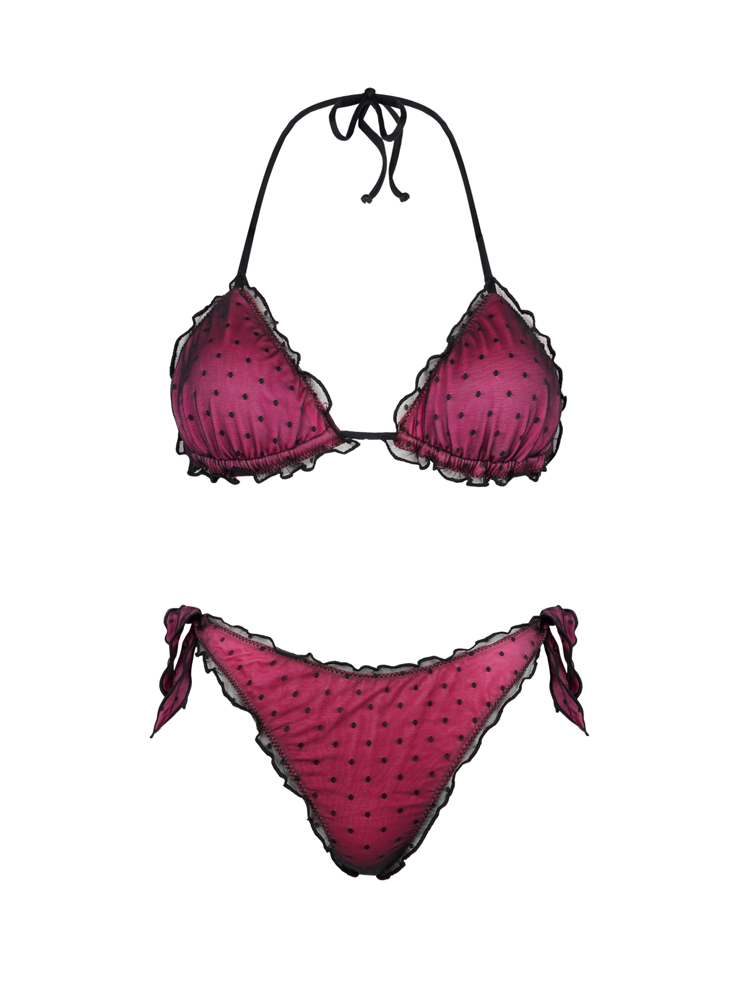 Glänzender Fuchsia-Bikini mit schwarzem Tupfentüll