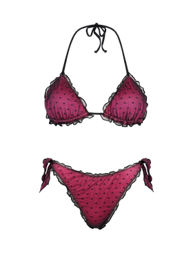 Glänzender Fuchsia-Bikini mit schwarzem Tupfentüll