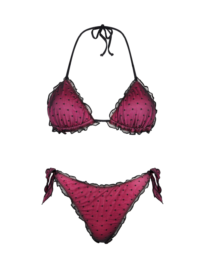 Glänzender Fuchsia-Bikini mit schwarzem Tupfentüll