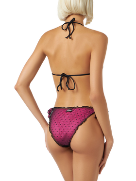 Glänzender Fuchsia-Bikini mit schwarzem Tupfentüll
