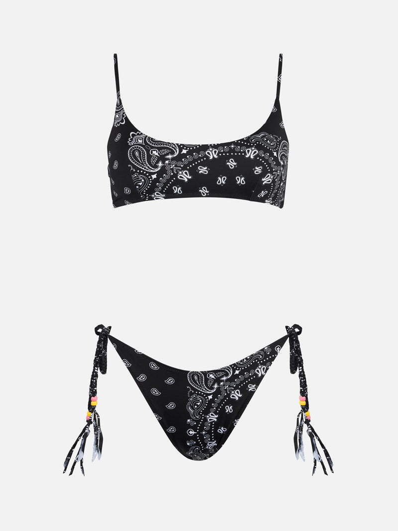 Damen-Bralette-Bikini mit schwarzem Bandana-Print