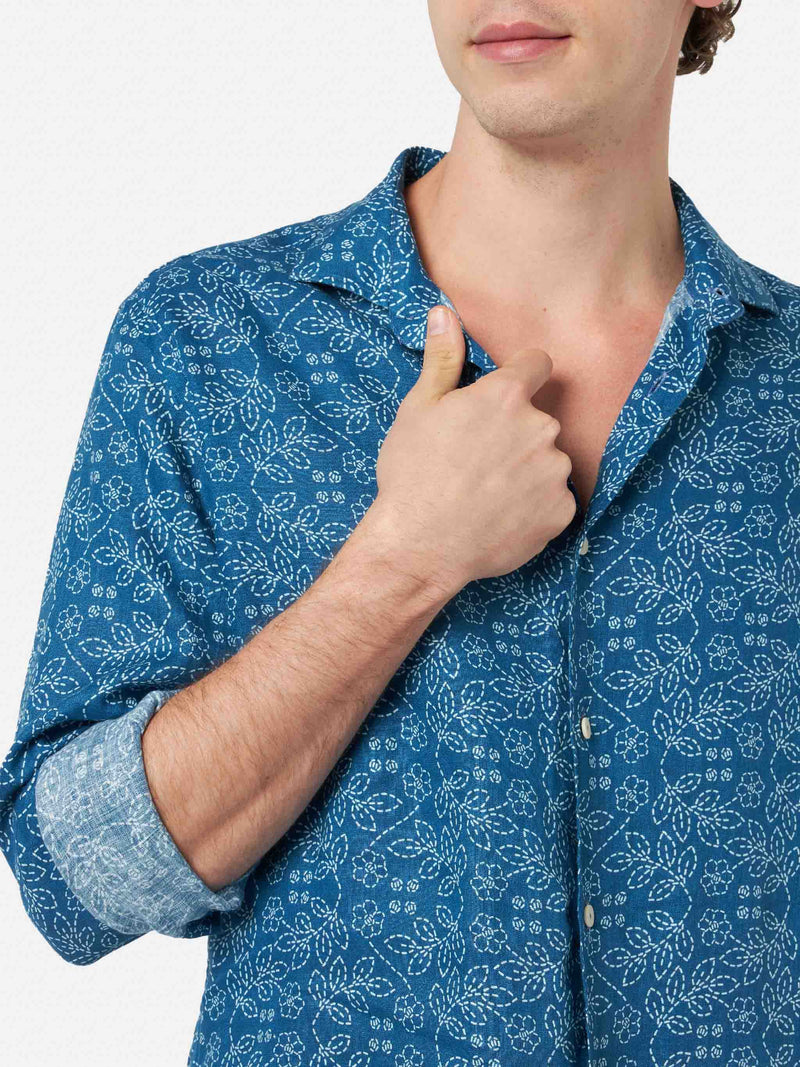 Camicia da uomo in lino blu navy Pamplona con stampa Sashiko