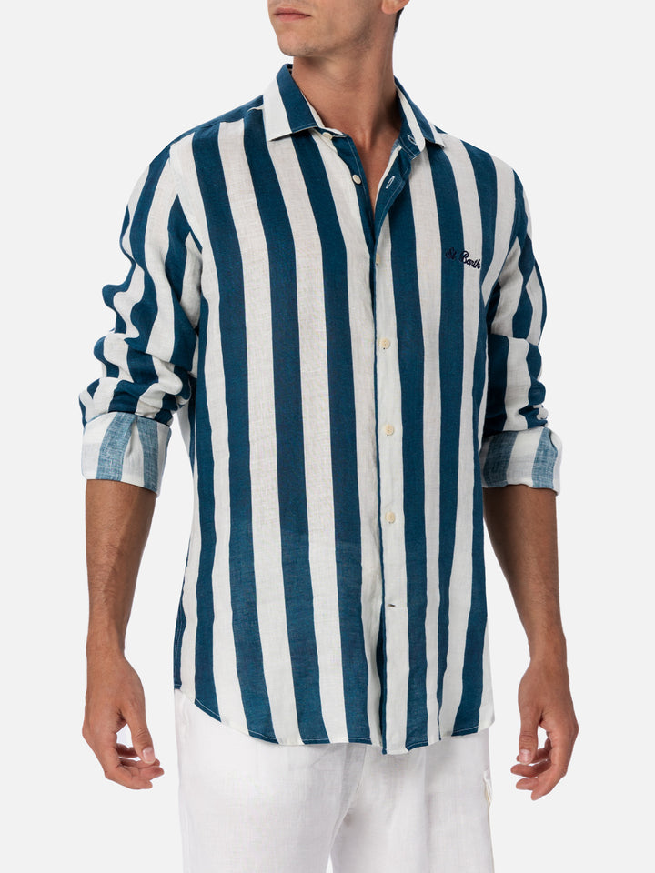 Man navy blue striped linen shirt Pamplona