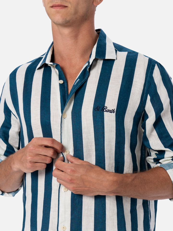 Man navy blue striped linen shirt Pamplona