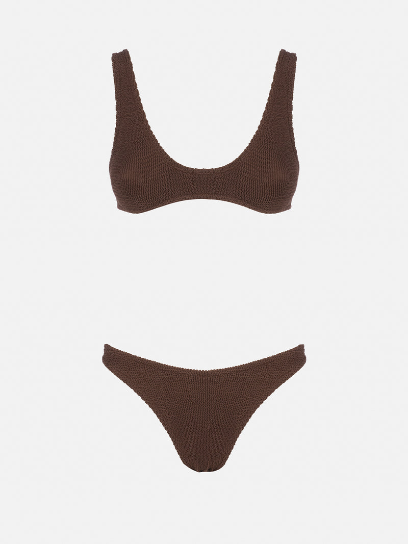 Brauner Damen-Bralette-Bikini in winziger Crinkle-Optik Pamy Elise