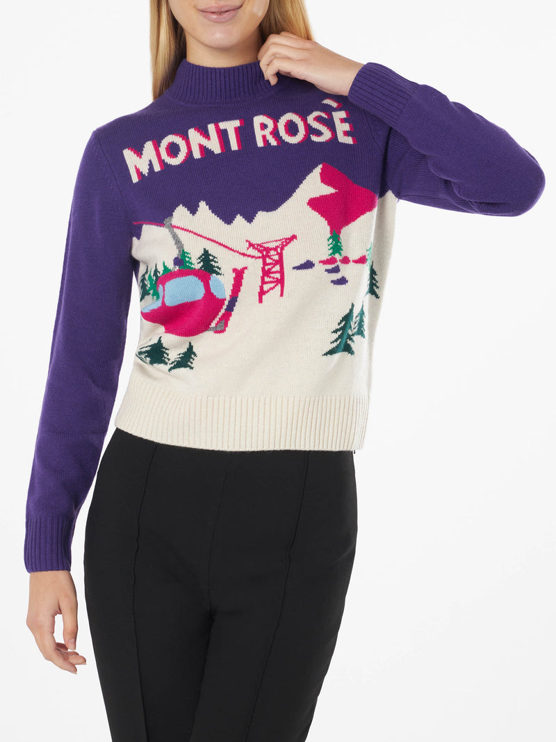 Woman crewneck sweater with Mont Rosè postcard print